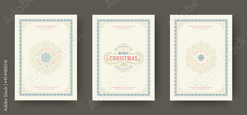Christmas greeting cards set vintage typographic design, ornate decoration symbols vector illustration