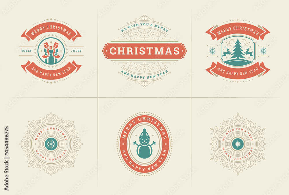 Christmas vector ornate labels and badges set with happy new year holidays wishes typography for greeting cards Christmas vector ornate labels and badges set with happy new year holidays wishes typography for greeting cards