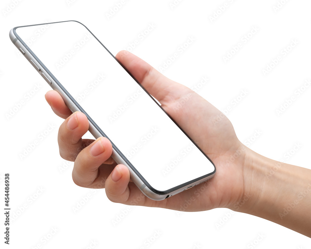 Woman hand holding phone isolated on white background. Woman hand holding phone isolated on white background.