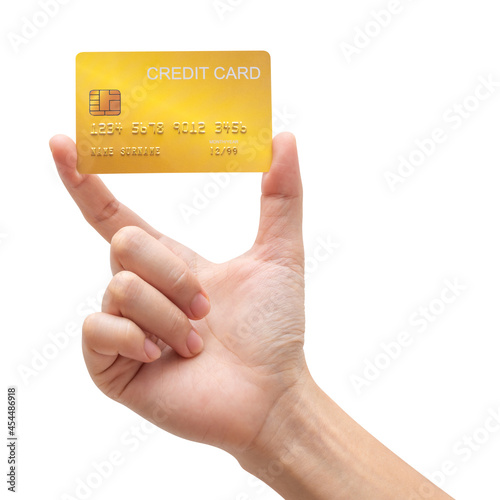 Woman hand hold gold credit card isolated on white background.