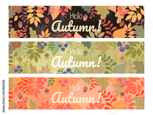 A set of vector autumn postcards with tree leaves  berries and branches. Thematic  seasonal image of autumn in different colors for printing on leaflets  postcards  invitations  banners