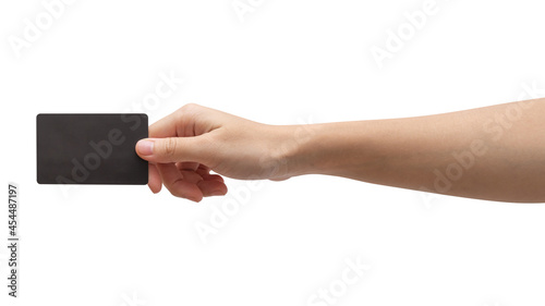Woman hand hold black credit card isolated on white background.