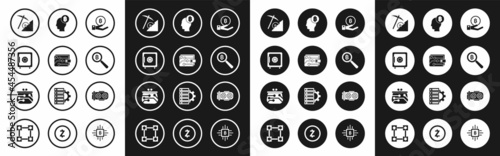 Set Hand holding Bitcoin, Cryptocurrency wallet, Safe, cloud mining, Magnifying glass with, think, Mining farm and icon. Vector