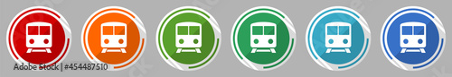 Railway, train, subway, transportation icon set, vector illustration in 6 colors options for webdesign and mobile applications, flat design symbol