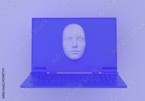 Minimal surreal 3D illustration with a laptop and a face appearing from its screen. Concept of cybersecurity and anonymization.