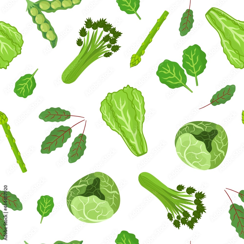 Green vegetables seamless pattern. Healthy vegetable background with cabbage, lettuce, spinach, etc. Organic food ingredient print in cartoon style. Vector illustration Green vegetables seamless pattern. Healthy vegetable background with cabbage, lettuce, spinach, etc. Organic food ingredient print in cartoon style. Vector illustration