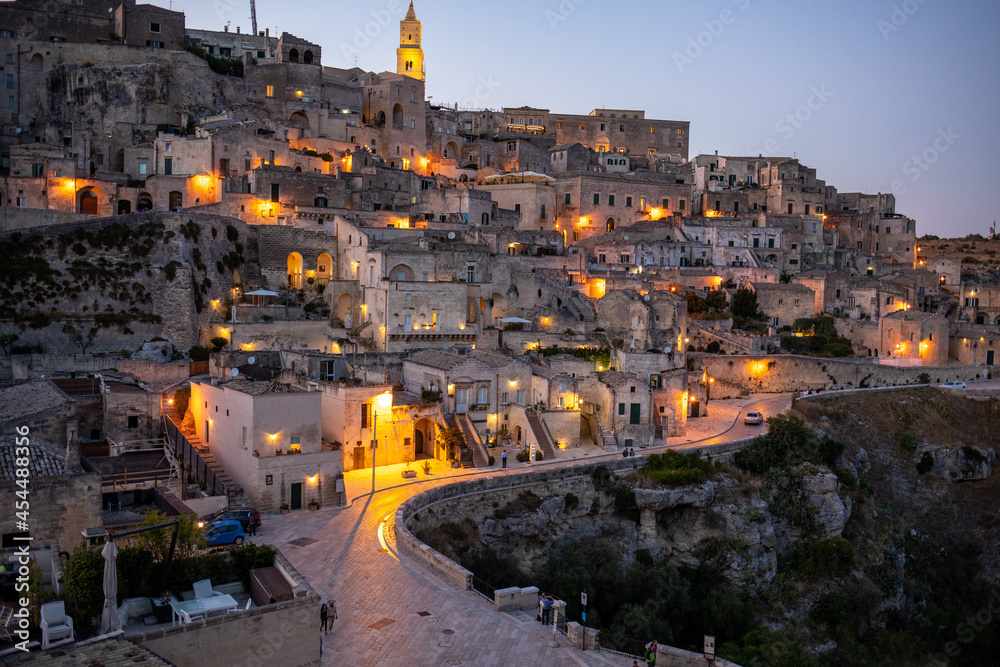 Night landscape of the Sassi of Matera a historic district iin the city of Matera well-known for their ancient cave dwellings. Basilicata. Italy