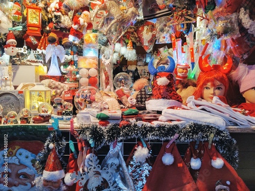 Christmas decorations on the market in the city during holiday trade. Slovakia