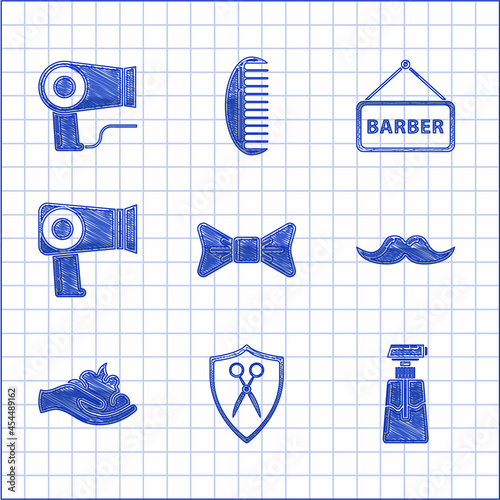 Set Bow tie, Scissors hairdresser and shield, Cream lotion cosmetic tube, Mustache, Shaving gel foam hand, Hair dryer, Barbershop and icon. Vector