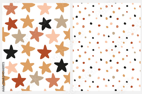 Abstract Hand Drawn Geometric Seamless Vector Patterns. Beige, Black and Pink Dots and Stars Isolated on a White Background. Starry Repeatable Vector Design. Irregular Dotted Print.