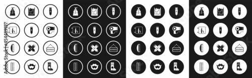 Set Electrical hair clipper or shaver, Barbershop with razor, Aftershave, Hair dryer, Glass of whiskey and ice cubes, and Hairbrush icon. Vector