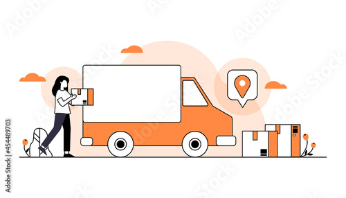 Online delivery service concept, online order tracking, delivery home and office. Warehouse, truck, drone, scooter and bicycle courier, delivery man in respiratory mask. Vector illustration