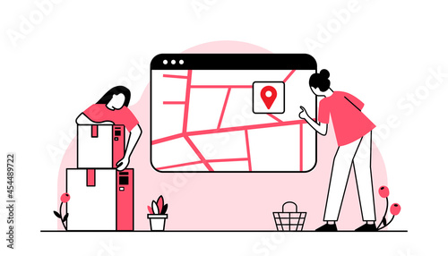 Online delivery service concept, online order tracking, delivery home and office. Warehouse, truck, drone, scooter and bicycle courier, delivery man in respiratory mask. Vector illustration