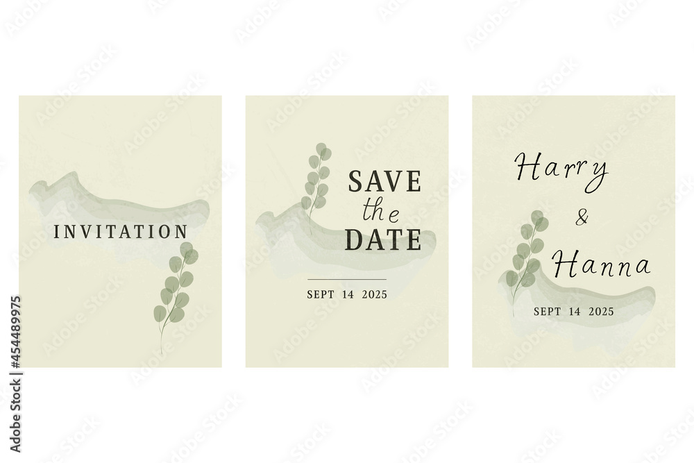 Invitation card background with botanical leaves and watercolor. Save the date. Invite design for wedding  