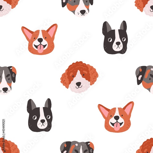 Seamless pattern with cute funny dogs faces on white background. Design of repeatable backdrop with doggies heads. Canine print with sweet adorable puppies muzzles. Colored flat vector illustration