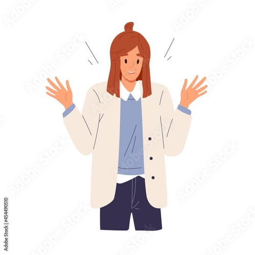 Amazed excited person reacting on smth. unexpected. Wow effect concept. Happy woman looking at smth. unbelievable with joy and rapture. reaction Flat vector illustration isolated on white background