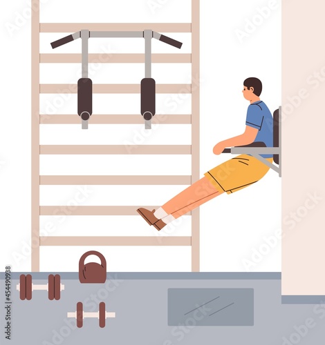 Man doing vertical crunches for abs on Hanging Leg Raises Machine. Person training abdominal muscles on Roman Chair workout frame in gym. Guy working out on workstation. Flat vector illustration