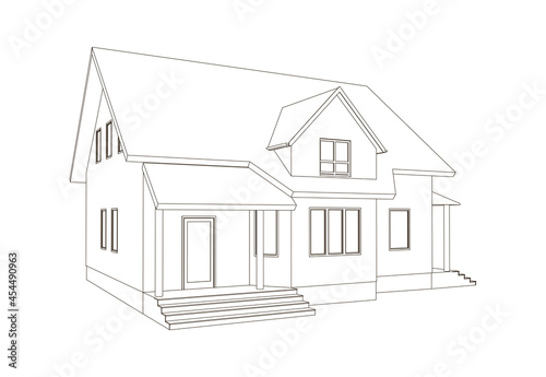3D suburban house model. Drawing of the modern building. Cottage project on white background. Vector blueprint.