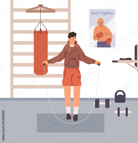 Person jumping with skipping rope in gym. Boxer doing cardio exercises and warmup before workout. Athlete warming up for training and working out in box club. Flat vector illustration