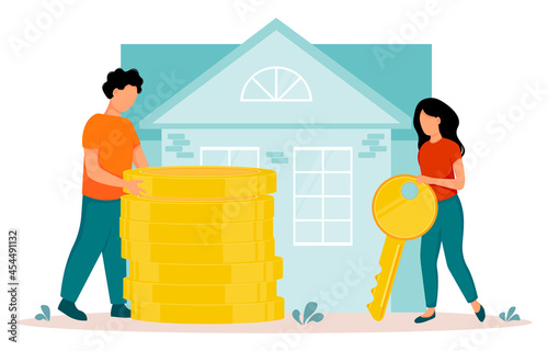 Man and women taking out mortgage, collecting money for family budget. Money savings. Financial Stability. Vector illustration in flat style.