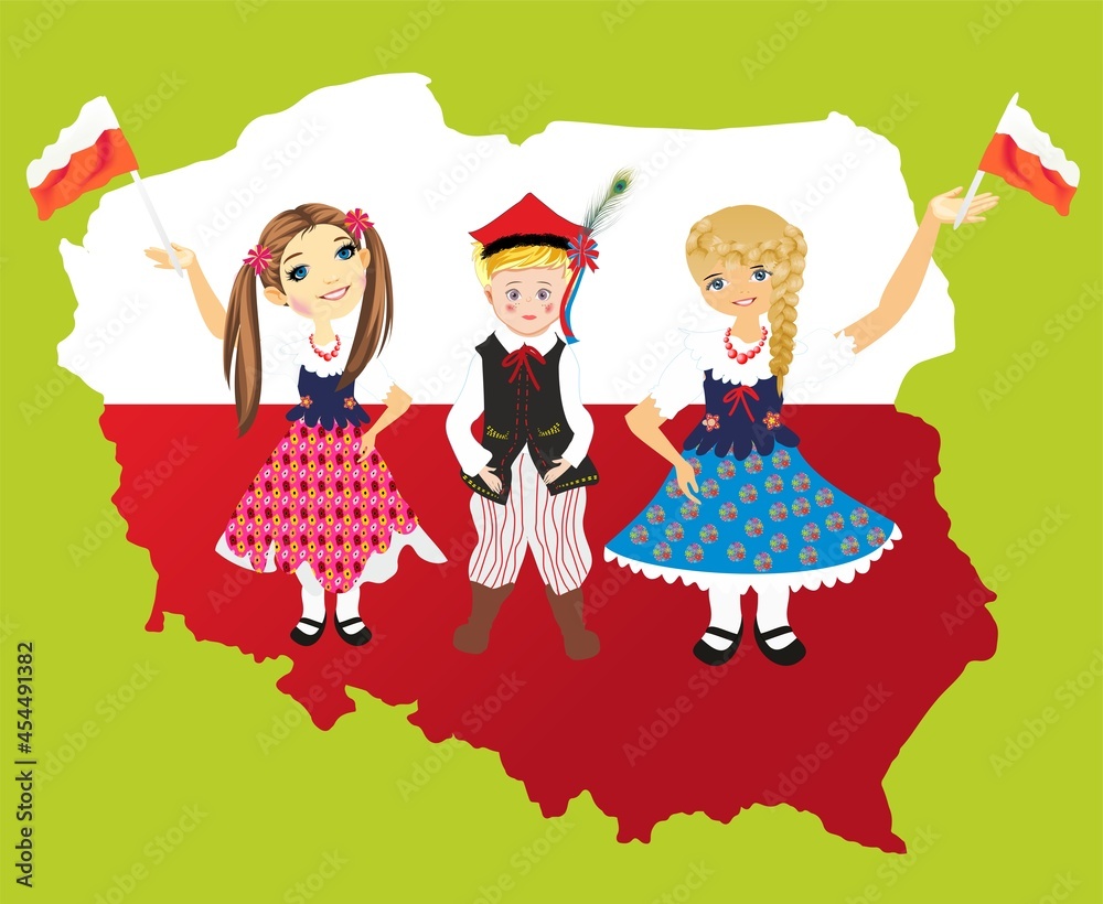 red and white composition with the contours of Poland and children in national costumes standing against the background of the map of Poland red and white composition with the contours of Poland and children in national costumes standing against the background of the map of Poland