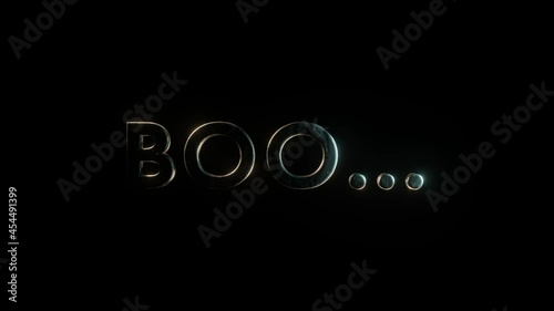 3d metal text Boo shimmers on a black background
