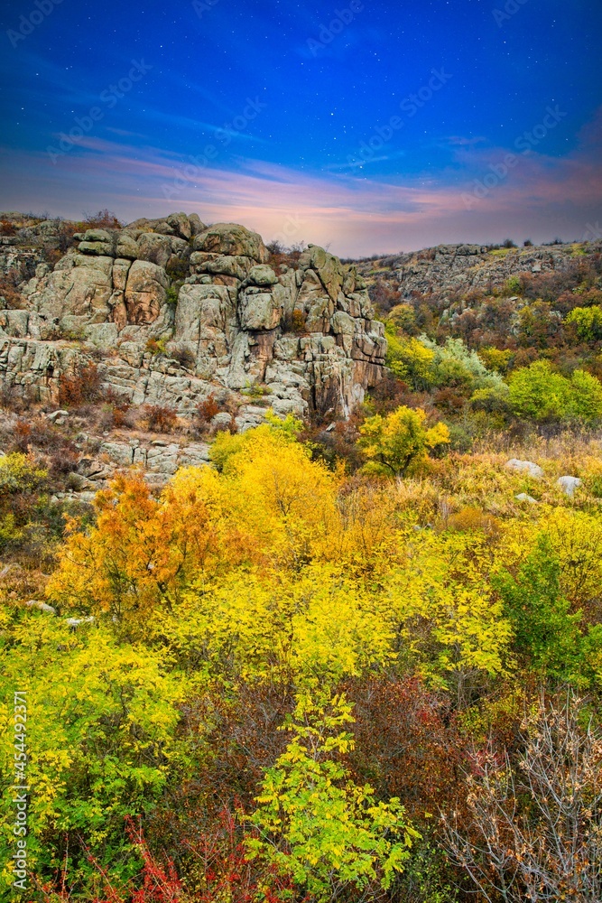 Aktovsky Canyon in Ukraine surrounded large stone boulders