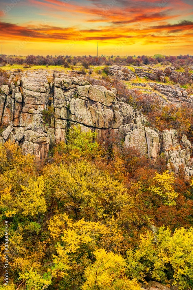 Aktovsky Canyon in Ukraine surrounded large stone boulders