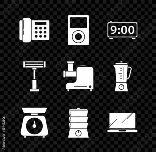 Set Telephone, Music player, Digital alarm clock, Scales, Double boiler, Laptop, Electric heater and Kitchen meat grinder icon. Vector