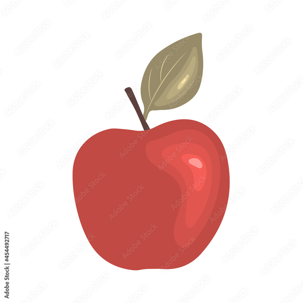 Fototapeta premium Vector apple icon with leaf isolated on white background. Red fruit illustration in hand drawn style