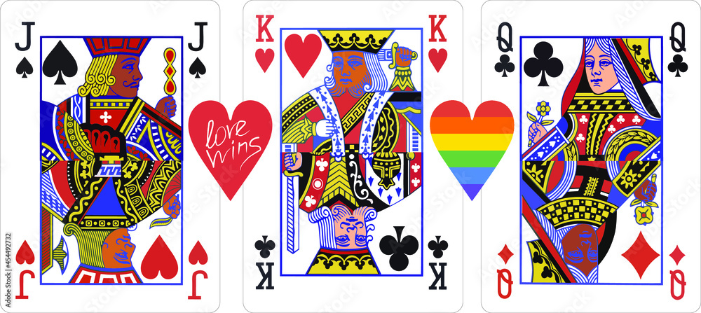 Fototapeta premium LGBT people are celebrated annually for human rights and tolerance. Vector illustration in the form of playing cards isolated on a white background with a double-sided image of men, women of different