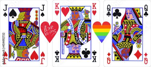 LGBT people are celebrated annually for human rights and tolerance. Vector illustration in the form of playing cards isolated on a white background with a double-sided image of men, women of different
