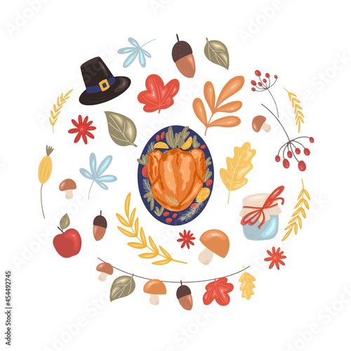 Thanksgiving day set with roast turkey on a platter, leaves, flowers, berries, mushrooms, hat. Vector illustration in cartoon style