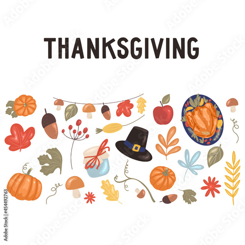 Thanksgiving day set with roast turkey on a platter, pumpkin, vegetables, leaves, berries, mushrooms, hat. Vector illustration in cartoon style