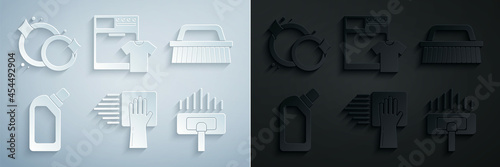 Set Cleaning service, Brush for cleaning, Plastic bottles liquid dishwashing liquid, Vacuum cleaner, Washer and t-shirt and Washing dishes icon. Vector