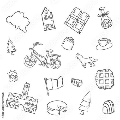 belgium country nation doodle hand drawn set collections with outline black and white style