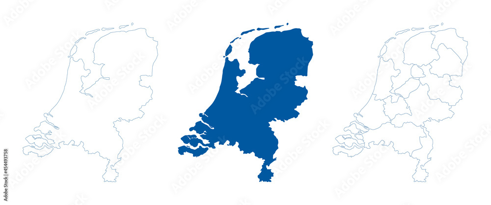 Netherlands map vector. High detailed vector outline, blue silhouette and administrative divisions map of Netherlands. All isolated on white background. Vector illustratin - obrazy, fototapety, plakaty 