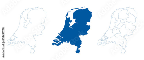 Netherlands map vector. High detailed vector outline, blue silhouette and administrative divisions map of Netherlands. All isolated on white background. Vector illustratin