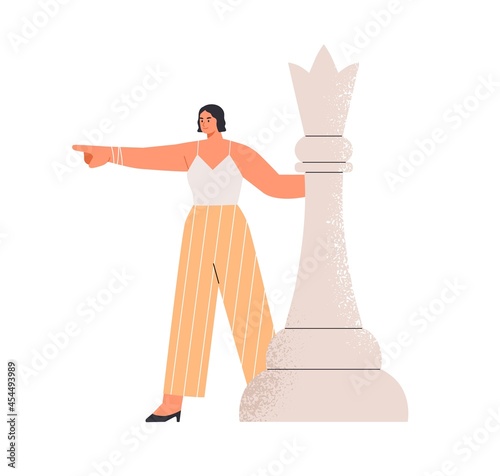Determined ambitious business leader pointing at strategic goals. Leadership, strategy and tactics concept. Confident woman with chess piece. Flat vector illustration isolated on white background