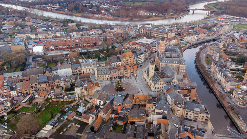 Aerial photo of Dendermonde, a town in East Flanders. View towards the Town Square (Grote Markt)
