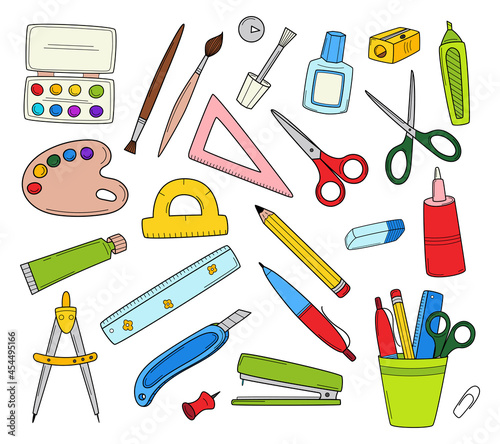 A set of school stationery and office supplies. Doodle icon set. Hand-drawn decorative elements. Black and white outline vector illustration. Isolated on a white background.