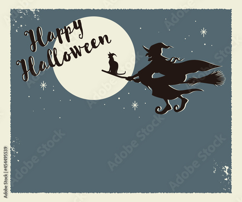ハロウィン 夜空を箒で飛ぶ魔女のイラスト ベクター レトロ風