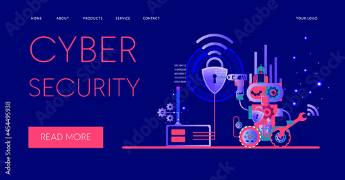 SEO banner search engine optimization Ethical Hacking Cyber Security creative vector concept cute infographic robots machines. 
Vector illustration
