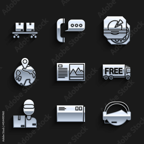 Set Postcard, Envelope, Support operator in touch, Free delivery service, Delivery man with cardboard boxes, Worldwide, Pizza and Railway carriage icon. Vector