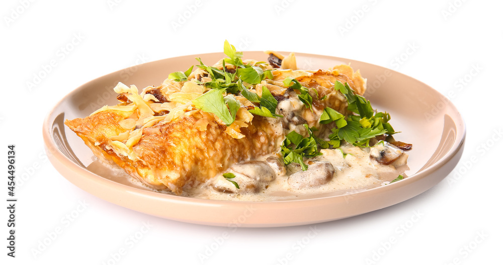 Delicious casserole with minced meat on white background Delicious casserole with minced meat on white background