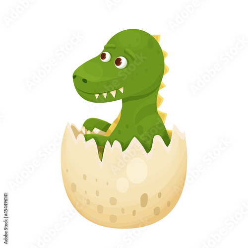 Fototapeta Naklejka Na Ścianę i Meble -  Cute dinosaur baby in egg hatching in cartoon style isolated on white background. Animal, reptile little adorable monster. 
