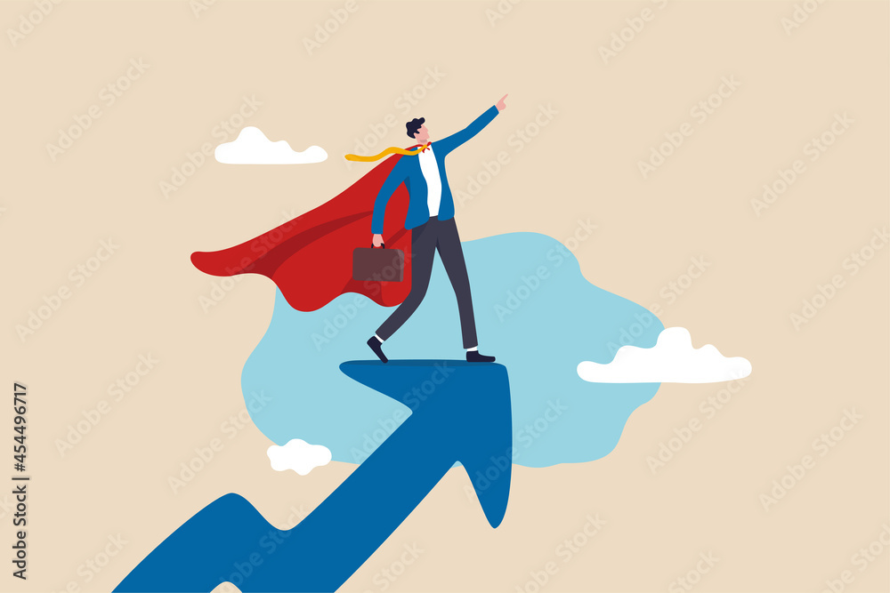 Success leader, business professional with super power, company hero who succeed in work and achieve career growth concept, confident businessman superhero with powerful red cape stand on growth arrow - obrazy, fototapety, plakaty 