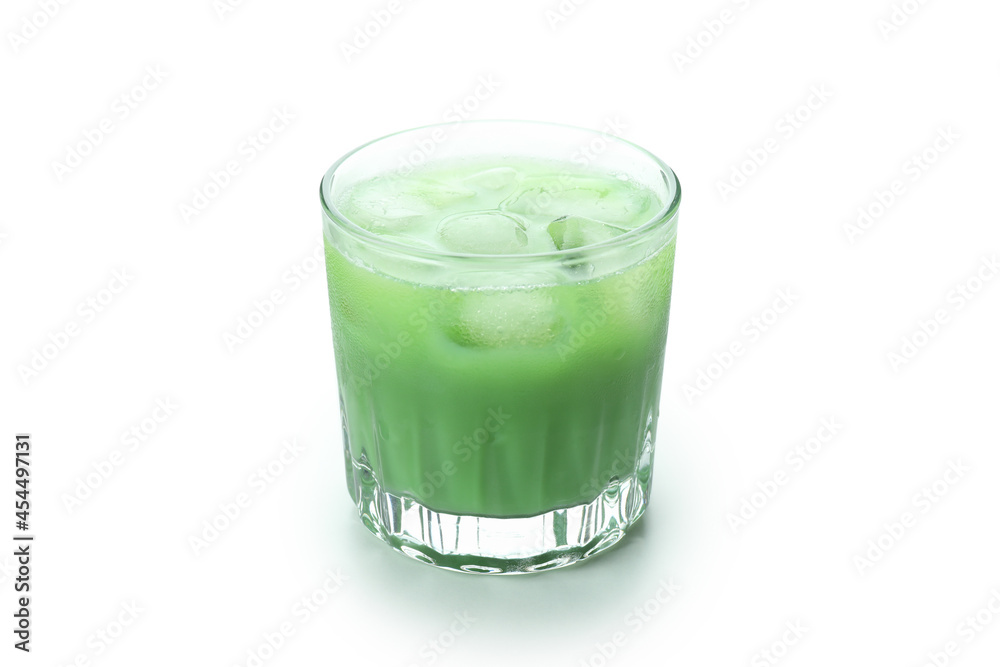 Glass of cold matcha latte isolated on white background Glass of cold matcha latte isolated on white background