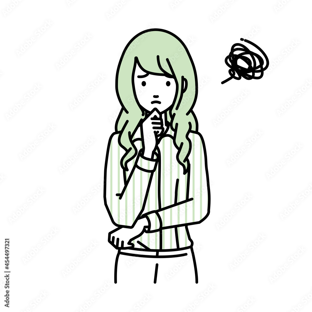 立って手をあごにあてて困っているブラウスの女性