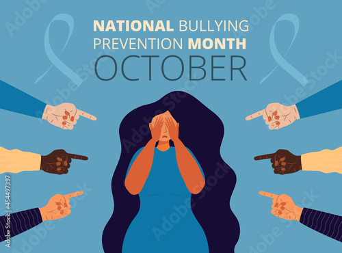 National Bullying Prevention month in October in USA. Victim scene in society.